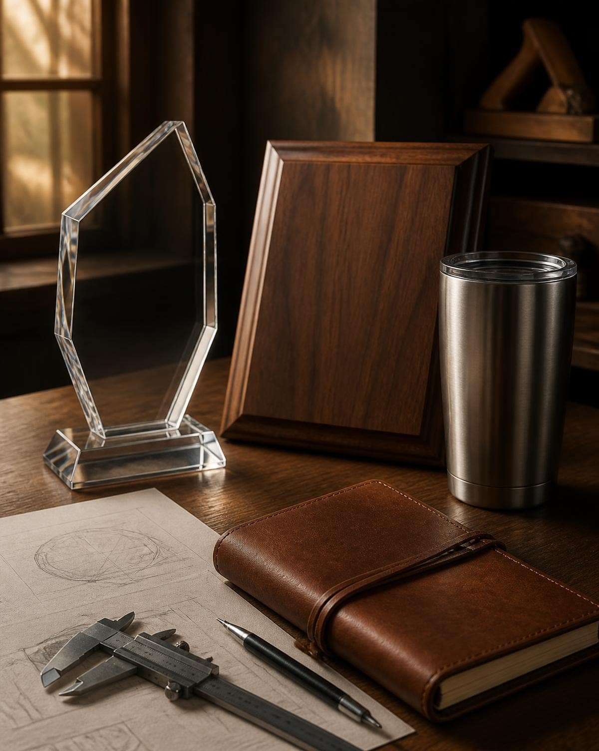 Crystal award, wood plaque, engraved tumbler and design sketches on a walnut workbench