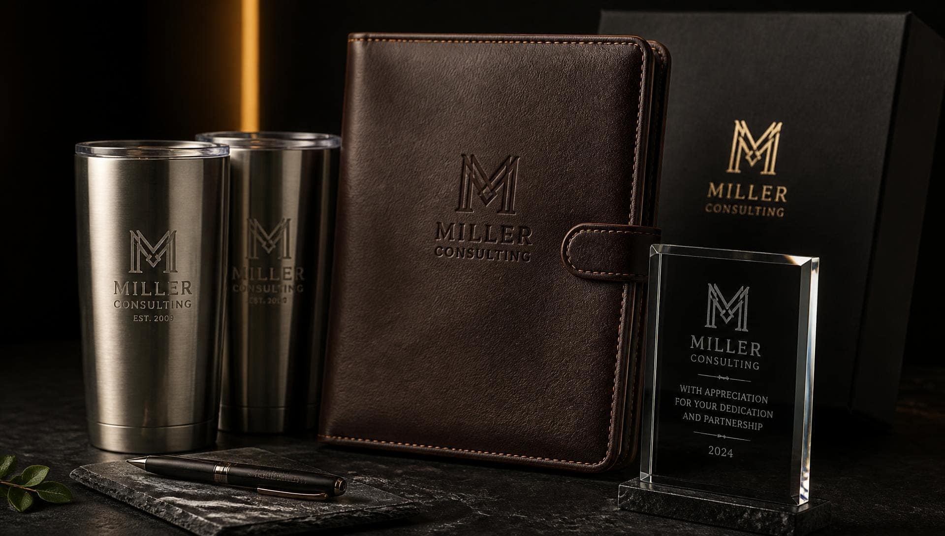 Engraved tumblers, leather portfolio, and a crystal plaque corporate gift set
