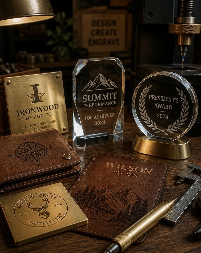 Custom engraving work including awards, leather goods, and personalized gifts