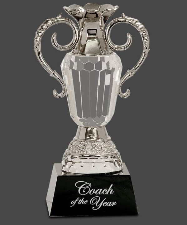 10" Crystal Cup with Silver Metal Handles on Black Pedestal Base
