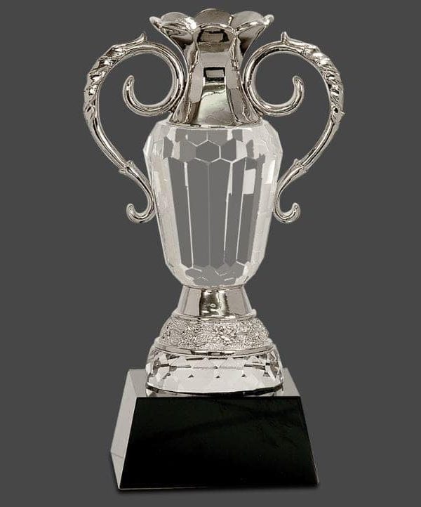 10" Crystal Cup with Silver Metal Handles on Black Pedestal Base view 2